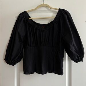 Free People Black Smocked Puff Sleeve Blouse